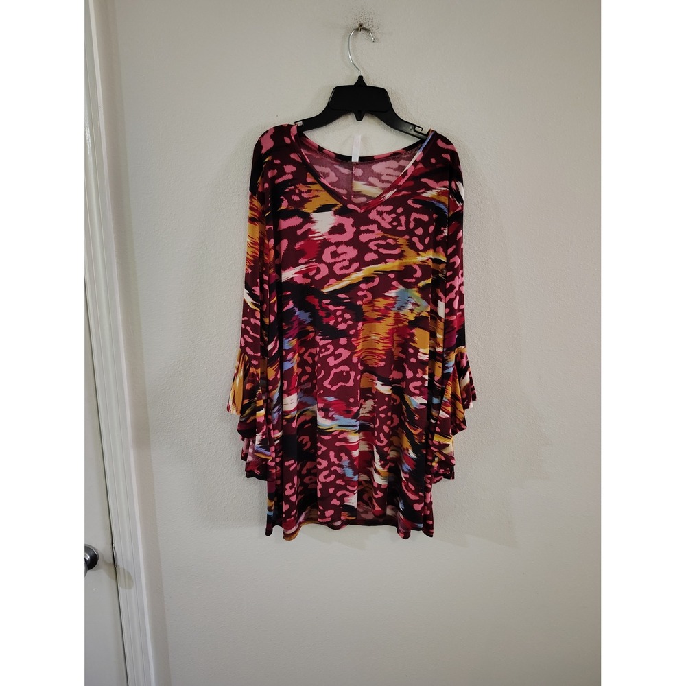 Pink Leopard Print Ruffle Bell Sleeve V-Neck Tunic Top Plus Size 3X